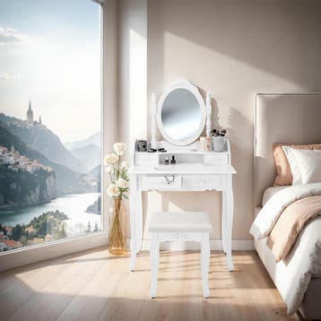 Makeup-tafel met 7 lades, spiegel en hocker in antieke look, Verzenden, Nieuw