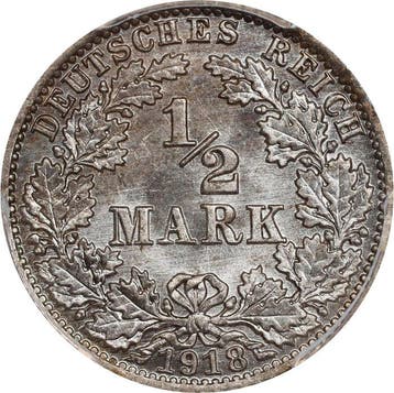 Duitsland, keizerrijk 1/2 Mark 1918 - PCGS MS66 (Berlín)