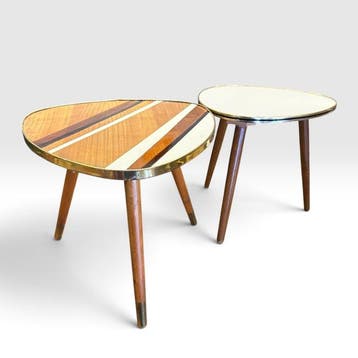 Bijzettafel - Hout, Resopal, Messing - Twee bijzettafels uit