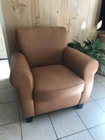 Leren fauteuil met houten poten - bruin leer, Ophalen of Verzenden, Nieuw, Leer