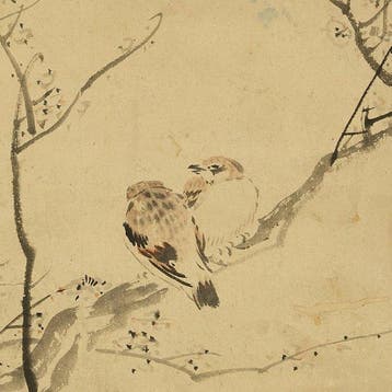 Two Sparrows Perched on Tree - Fujimoto Tesseki