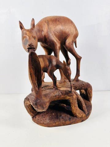 Figuur - Handgesneden houten antilope en kalf beeld - 39 cm