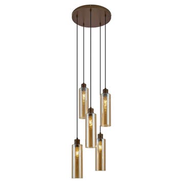 Hotel Chique hanglamp donker brons met amber glas 5-lichts, Verzenden, Nieuw, Hotel chique