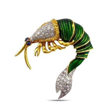 Broche - 18 karaat Geel goud, 18K geelgoud, groene emaille,