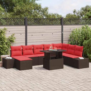 vidaXL Tuin Sofa Set 9 st Bruin en Rood poly rattan, Verzenden, Nieuw, Rotan, Meer dan 8 zitplaatsen