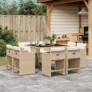 vidaXL 9-delige Tuinset met kussens poly rattan beige, Verzenden, Nieuw, 8 zitplaatsen, Tuinset