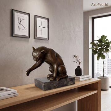 Beeld, Spelende kat - 14 cm - Brons, Marmer