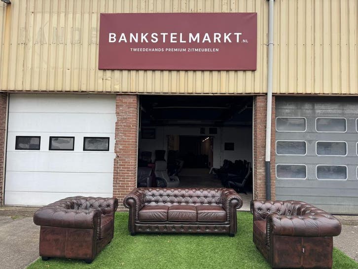 Bankstel CHESTERFIELD 3 zit bank+ 2 fauteuils bruin leer, Huis en Inrichting, Banken | Bankstellen, Zo goed als nieuw, Hout, Leer