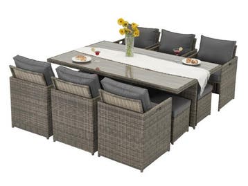 Veiling - Diningset 11 delig - bruin wicker + grijze kussens, Nieuw
