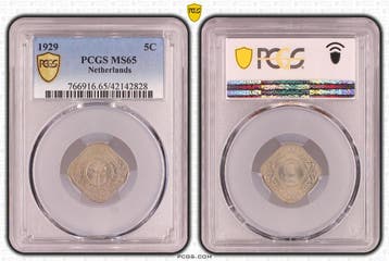 Koningin Wilhelmina 5 cent 1929 MS65 PCGS gecertificeerd, Verzenden, Koningin Wilhelmina, 5 cent, Losse munt