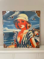 Art Deco Riviera stijl emaille bord – vrouw aan zee – Franse