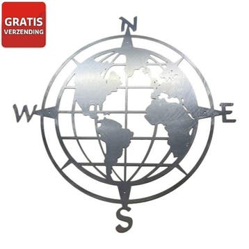 Wanddecoratie blank metaal van de wereldkaart 58 cm, Verzenden, Nieuw