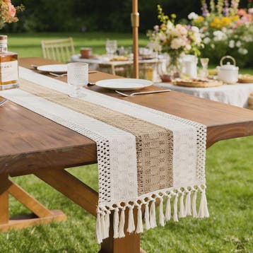 Bohemien Haakwerk Tafelrunner met Franje - Beige & Khaki - S, Verzenden