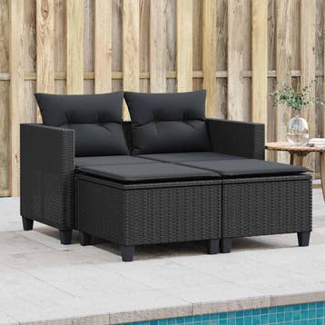 vidaXL Tuinbank 2-zits met voetenbanken poly rattan zwart, Verzenden, Nieuw