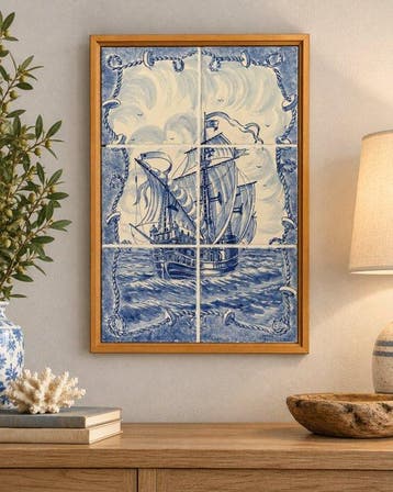 Tegel - Blauw-wit tegeltableau met zeilschip – gemerkt REBER