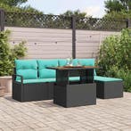 vidaXL Tuin Eetset met kussen 6 pcs Zwart en Blauwgroen, Verzenden, Nieuw, Rotan, 6 zitplaatsen