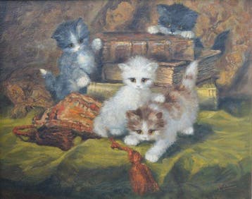 J.W. van Trirum (1924-2011) - Vier spelende jonge katjes bij