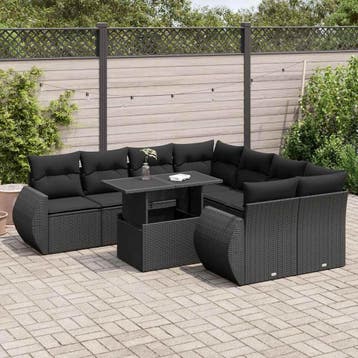 vidaXL 9-delige Loungeset met kussens poly rattan zwart, Tuin en Terras, Verzenden, Nieuw, Loungeset