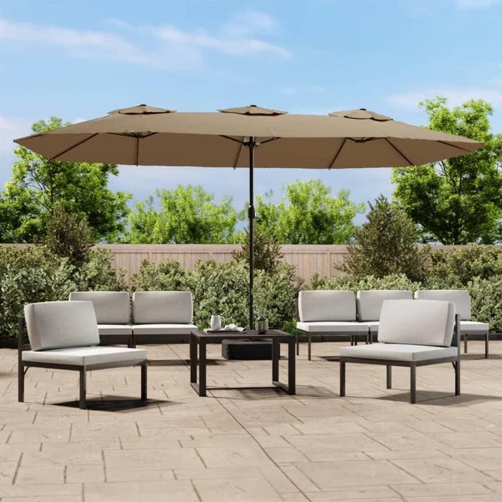 vidaXL Parasol dubbel dak met LED 449x265 cm taupe, Tuin en Terras, Parasols, Nieuw, Meer dan 4 meter, Verzenden