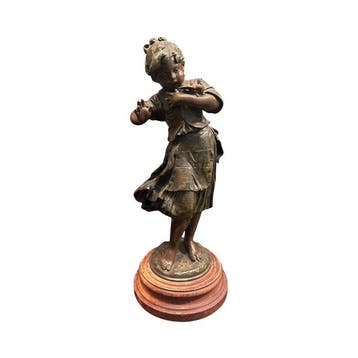 Beeldje - Girl with Bird - Hout, Zinklegering