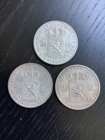 Nederland. Willem III. 2 1/2 Gulden 1850/1858, Lot van 3