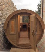 Barrelsauna - Buitensauna - Thermowood - Compact rond model, Ophalen of Verzenden, Nieuw, Fins of Traditioneel, Complete sauna