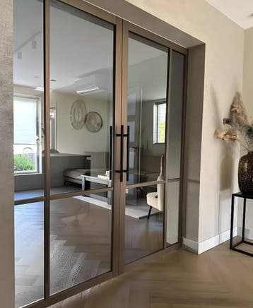 Brons binnendeuren met glas staal look Svedex stomp en opdek, 80 tot 100 cm, Binnendeur, Nieuw, Schuifdeur