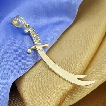 Gouden hanger van een Zulfiqar met zirconia, Ophalen of Verzenden, Gebruikt, Goud, Overige merken