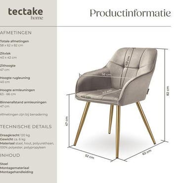 2dekans | tectake® Fluwelen Stoel – Eetkamerstoel Met, Ophalen of Verzenden, Zo goed als nieuw