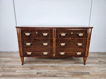 Commode - Art Deco-ladekast in notenhout en messing -