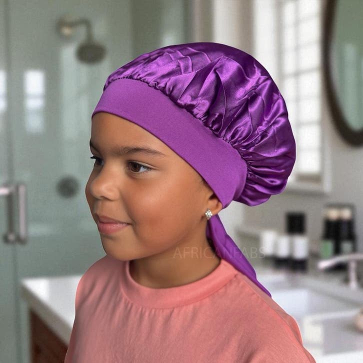 Paarse Satijnen slaapmuts met bandjes (kinderen / kindermaat, Sieraden, Tassen en Uiterlijk, Uiterlijk | Haarverzorging, Nieuw