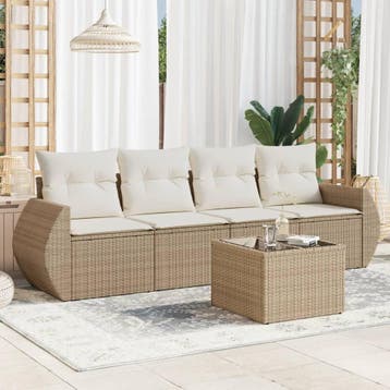 vidaXL 5-delige Loungeset met kussens poly rattan beige, Tuin en Terras, Verzenden, Nieuw, Loungeset