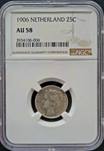 Koningin Wilhelmina 25 cent 1906 AU58 NGC gecertificeerd, Verzenden, Zilver, 25 cent, Koningin Wilhelmina