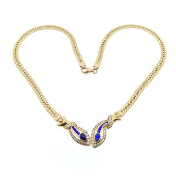 Gouden platte gourmetschakel collier met synth. saffier e..., Ophalen of Verzenden, Gebruikt, Goud, Goud