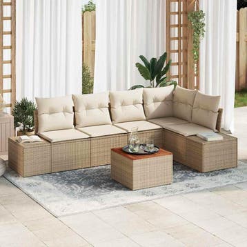 vidaXL Tuinbankenset 6 st Beige en Crème poly rattan, Verzenden, Nieuw, Rotan, 6 zitplaatsen