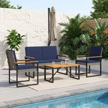 vidaXL Buitenmeubelset 4 st Grijs en Marineblauw poly rattan, Verzenden, Nieuw, Rotan, 4 zitplaatsen