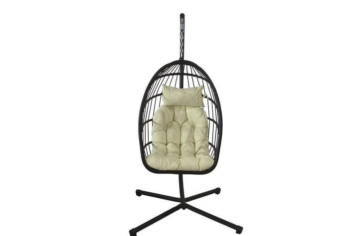 Egg Chair Design Zwart Beige | PE Rattan | Premium | OP=OP!, Tuin en Terras, Tuinstoelen, Inklapbaar, Nieuw, Wicker, Ophalen of Verzenden