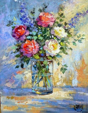 Claude Carvin (1956) - Cinq roses dans un verre