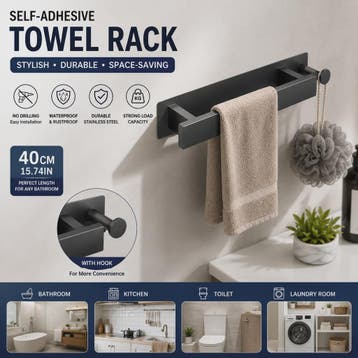 40cm Zelfklevend Handdoekrek met Haak - RVS Wandmontage, Zon, Verzenden, Nieuw