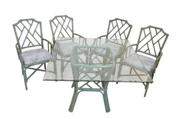 Bamboe look tuinset met glazen tafel en 4 stoelen, Tuin en Terras, Tuinsets en Loungesets, Ophalen of Verzenden, Nieuw