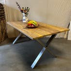 Eettafel - 180 en 200 cm – geborsteld teak - RVS X  poten, Teakhout, Nieuw, Vijf personen of meer, 150 tot 200 cm