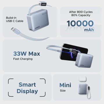 UGREEN Mini Powerbank 10000mAh met Ingebouwde USB-C Kabel -, Verzenden, Nieuw