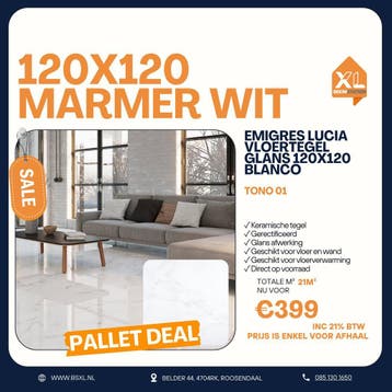 Witte marmerlook glans 120x120 - Palletdeal 21m² €399, Doe-het-zelf en Verbouw, Tegels, 60 cm of meer, Nieuw, Ophalen of Verzenden