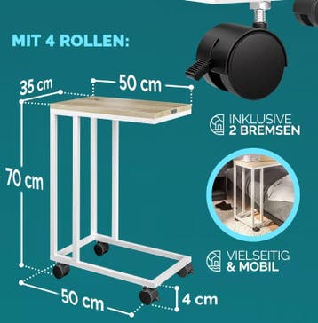 Bijzettafel Wit 50x35x65/70cm met Wieltjes  , Set van 2, Huis en Inrichting, Verzenden