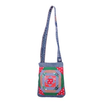 Upcycled Denim Schoudertas met Patchwork - Blauw Multicolor, Verzenden, Zo goed als nieuw