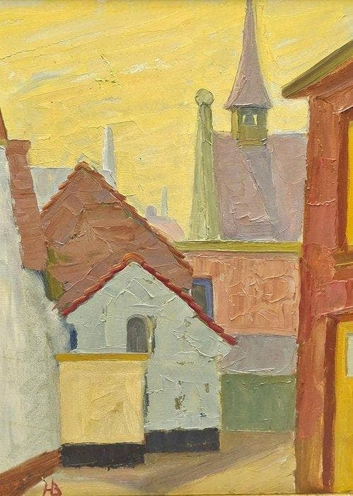 H. Bongers (XX) - Kleurrijke dorpsstraat, Antiek en Kunst, Kunst | Schilderijen | Klassiek