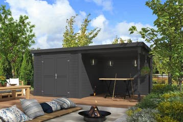 Outdoor Life Blokhut Lars met Overkapping Carbon Grey - 500, Tuin en Terras, Tuinhuizen, Nieuw