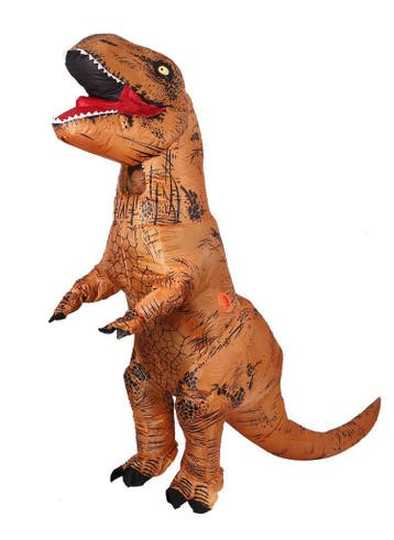 KIMU® Opblaas Kostuum T-Rex Bruin Opblaasbaar Pak Dinopak Ma, Carnaval, Nieuw, Overige maten, Ophalen of Verzenden
