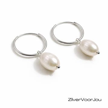 Zilveren creolen oorringen met natuurlijke zoetwaterparels, Verzenden, Nieuw, Zilver