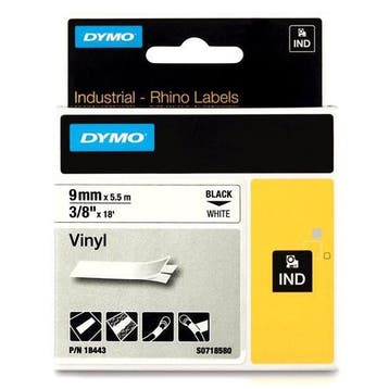 Dymo S0718580 / 18443 IND Rhino tape vinyl zwart op wit 9 mm, Computers en Software, Printerbenodigdheden, Verzenden, Nieuw, Printertape